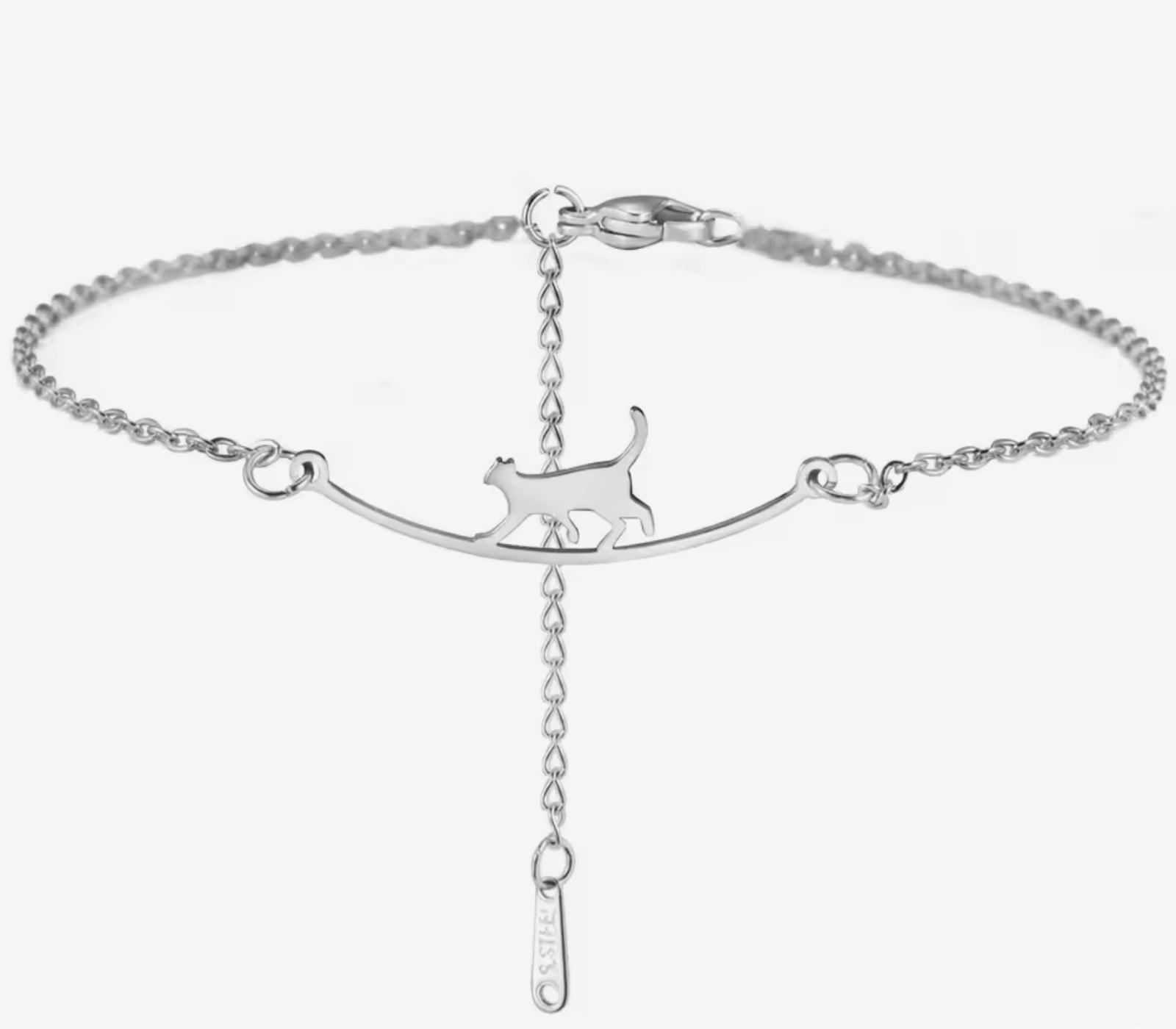 Silver bracelet with a cat-shaped charm on a white background