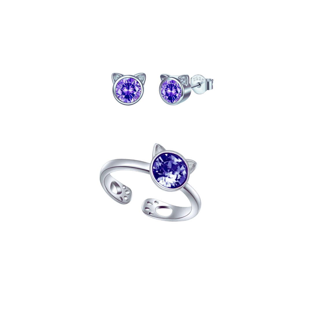 GIFT SET: Sterling Silver Crystal Cat Earrings & Matching Ring