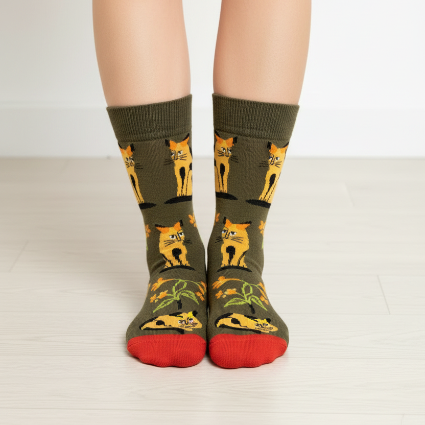 Green socks with orange cat design worn by a person on a light background