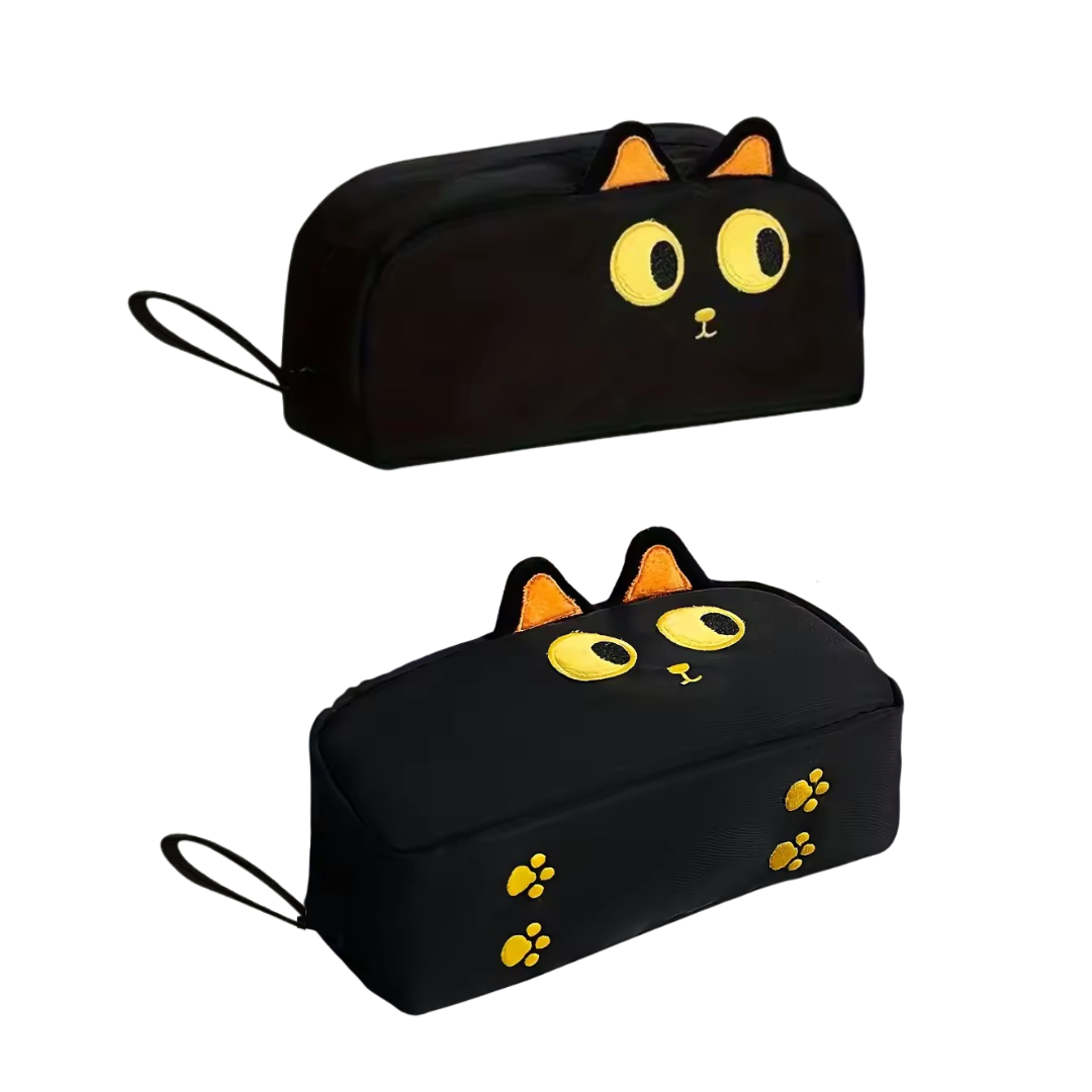 Two black cat-shaped cosmetic or pencil cases with yellow accents on a white background