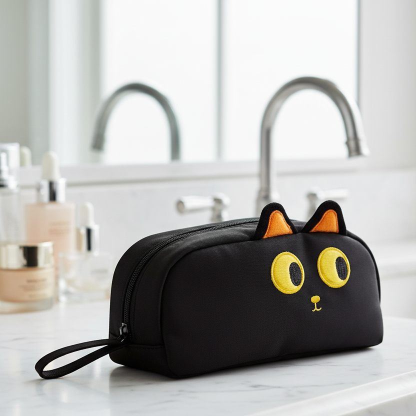 Black cosmetic bag with cat ears and yellow eyes on a marble countertop.