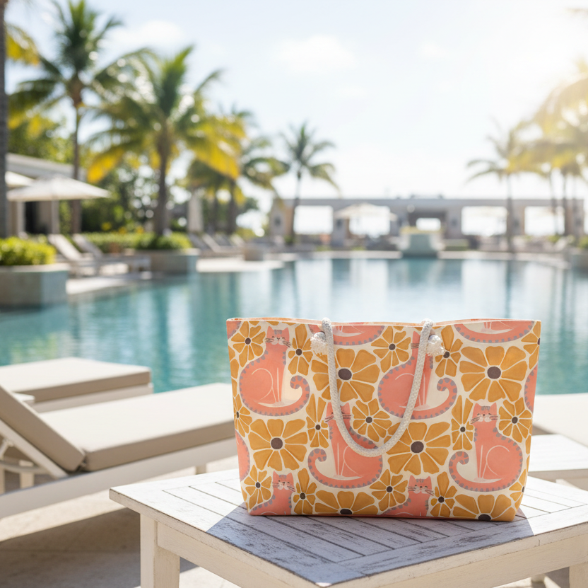 Beach Cats pattern oversized weekender tote bag on a table by a poolside with palm trees in the background
