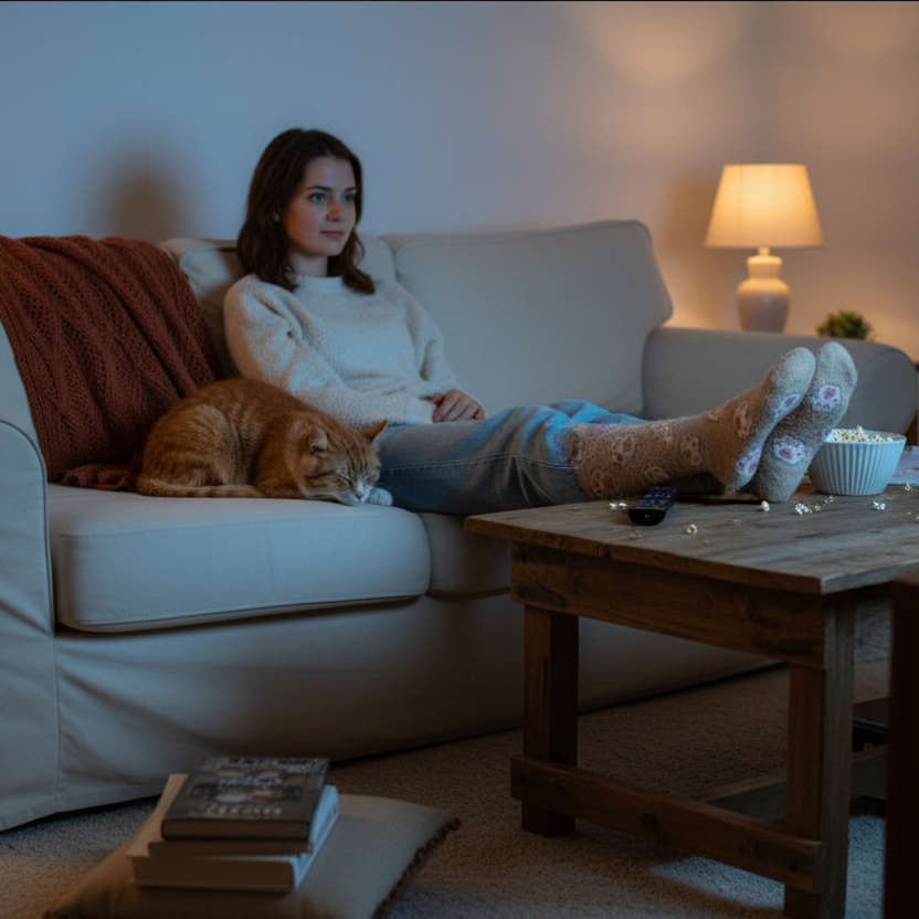 Woman sitting on a couch with a cat, wearing a pair of brown fuzzy socks with Cat Paw prints with cozy home decor.