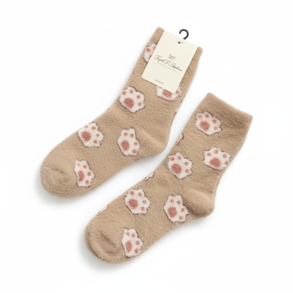 Beige socks with pink cat paw patterns on a white background