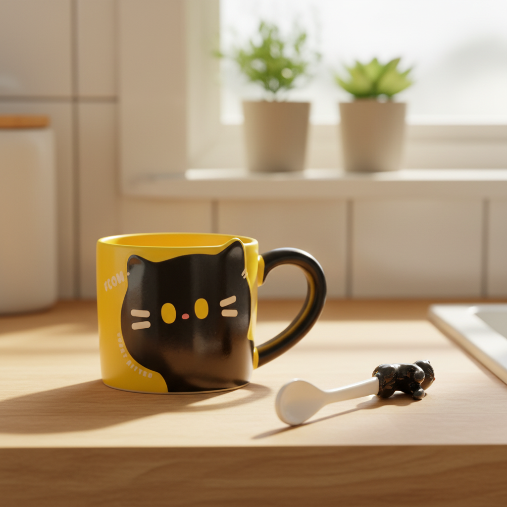 Yellow mug with black cat design on a wooden surface with a blurred kitchen background