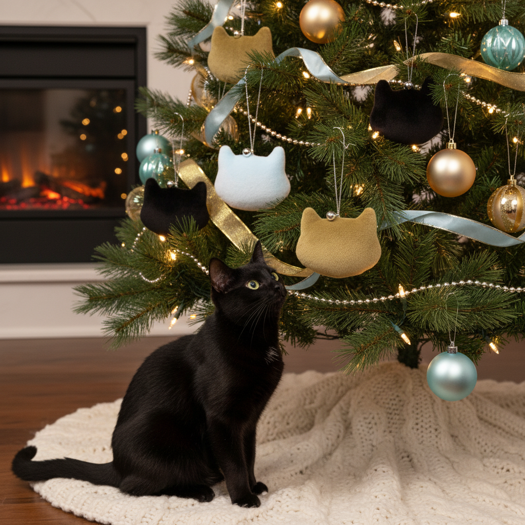 Black cat sitting in front of a decorated Christmas tree with ornaments shaped like cats.