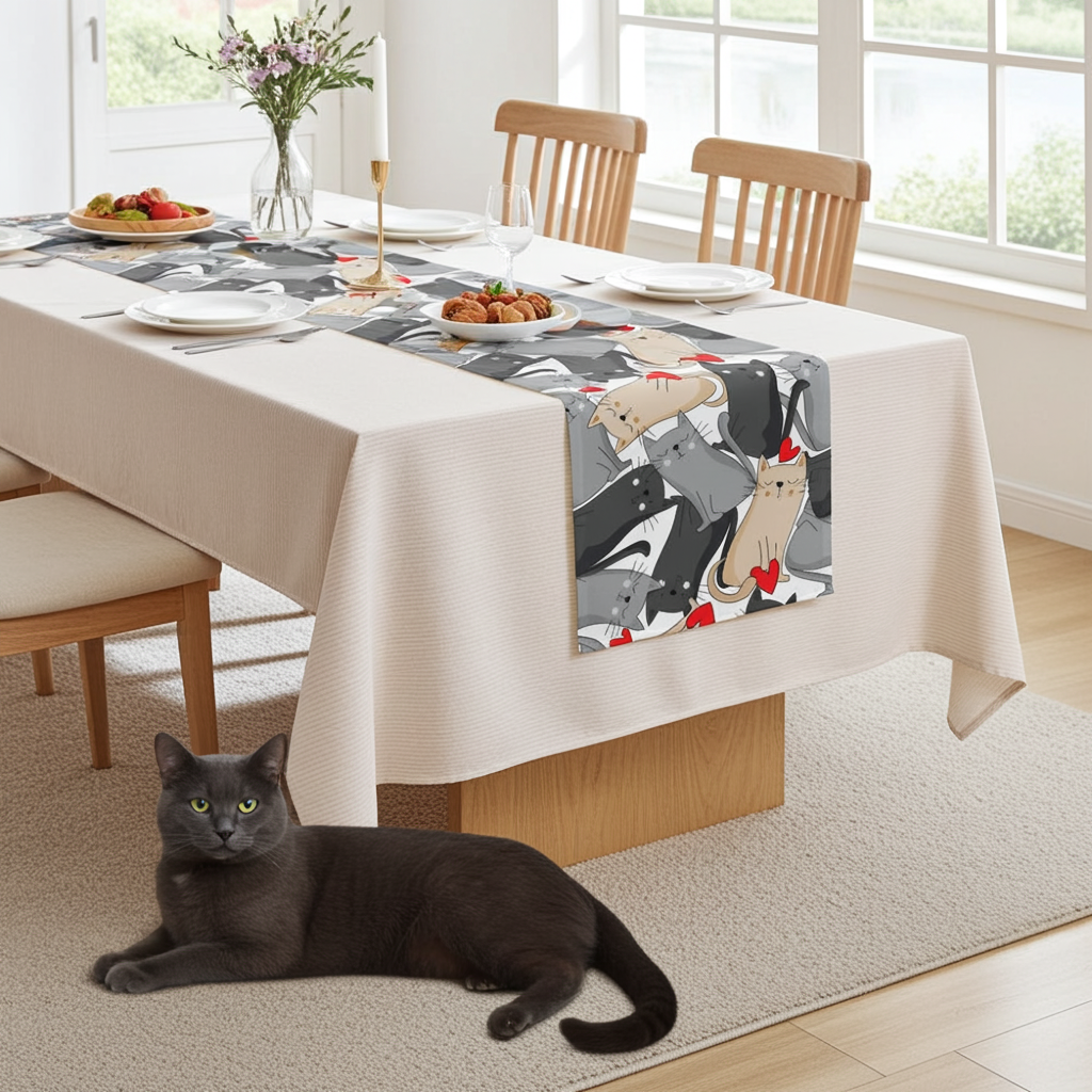 Dining table with a cat-themed table runner, black cat sitting on the floor.