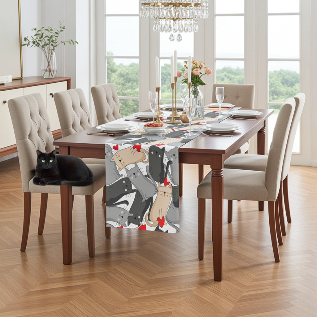 Dining room with a table set for a meal, featuring a cat on a chair and a cat and heart themed decorative table runner.