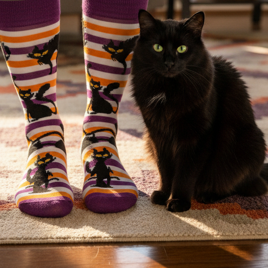 Person wearing Halloween striped purple and orange socks with black cat designs next to a black cat on a rug.