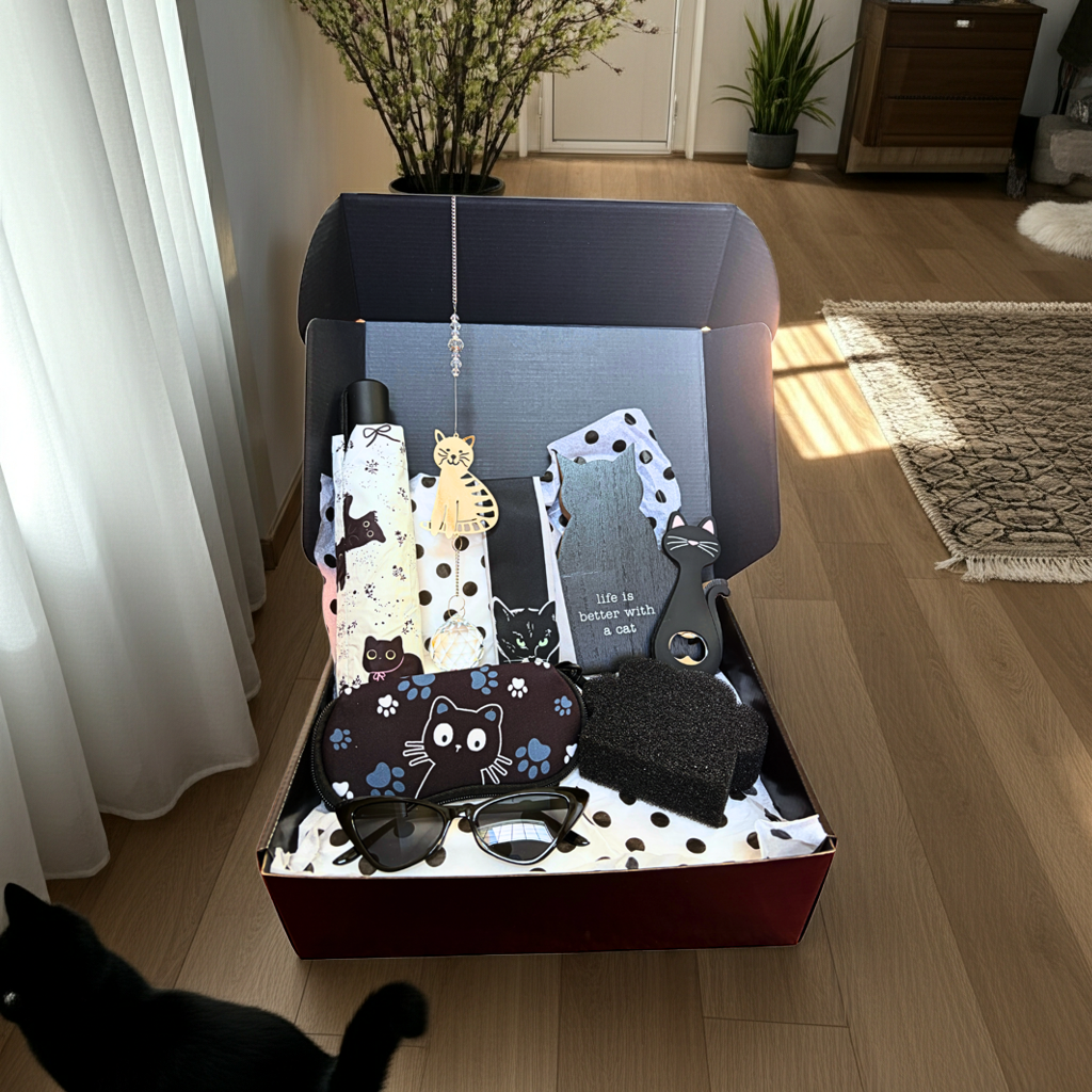 Box of cat-themed products on a wooden floor with a cat looking inside