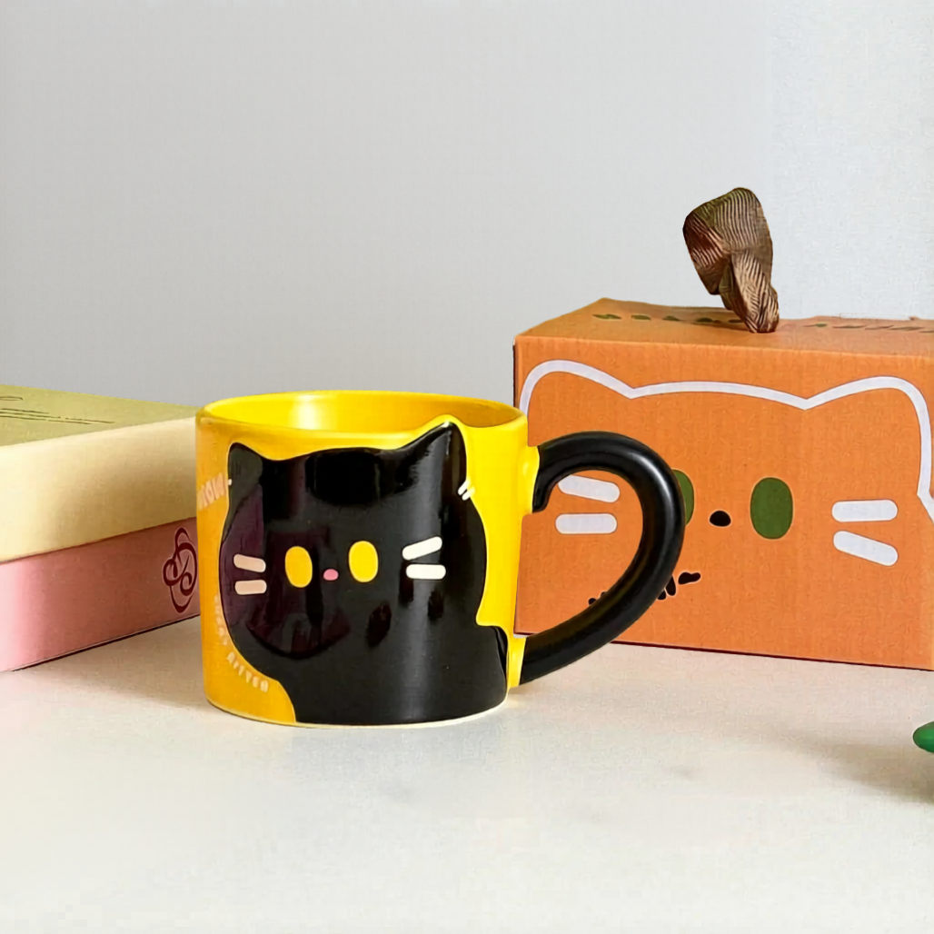 Black Cat on a bright yellow mug. Cat-shaped mug with a box featuring a cat design on a light background