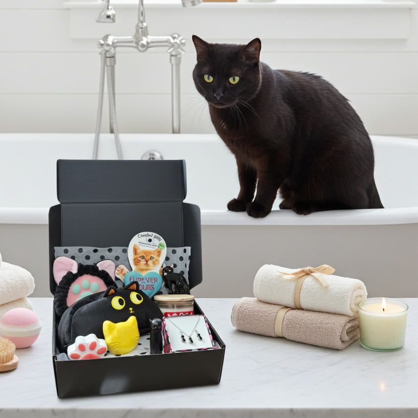 Black cat sitting on a bathtub next to a subscription box filled with Black Cat themed products from the Black Cats Club