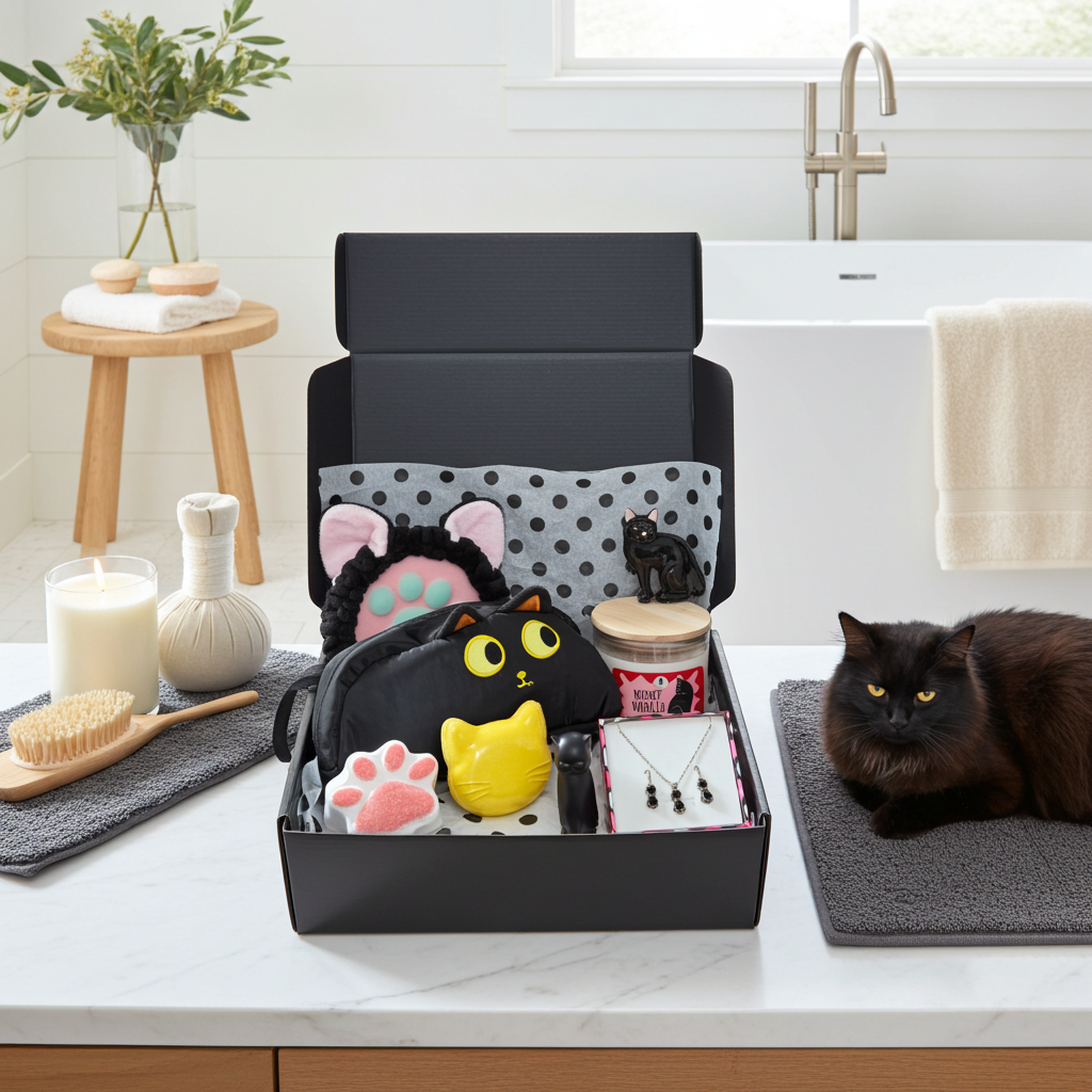 Black Cats Club subscription box filled with black cat candle, black cat lip balm, black cat jewelry, black cat hairclip and more next to a black cat sitting in a bathroom