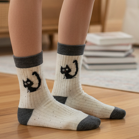 Beige socks with black cat designs worn by a person on a wooden floor.