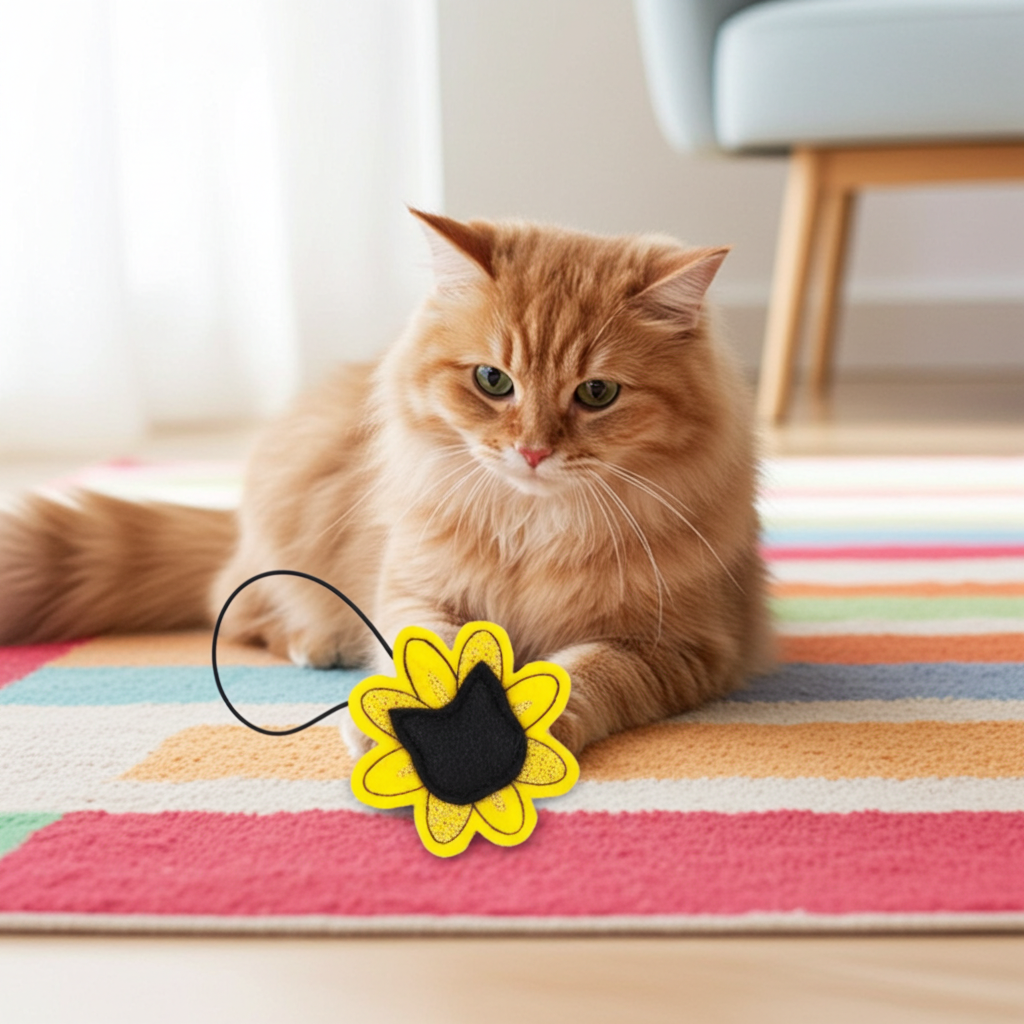 Orange cat lying on a colorful rug with a yellow and black flower-shaped toy nearby.