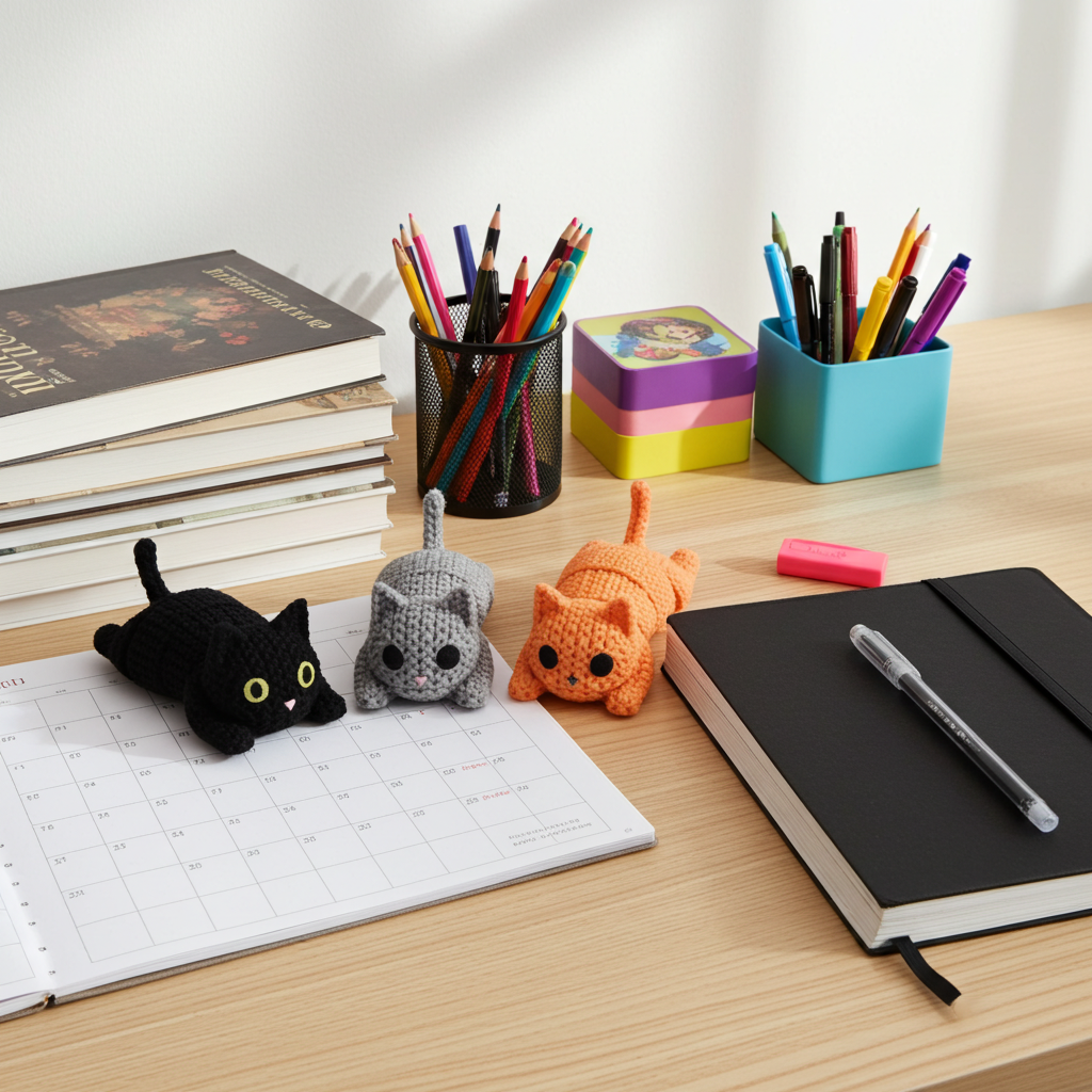 Desk with stationery items including colorful pens, a notebook, and three small cat-shaped fidget toys