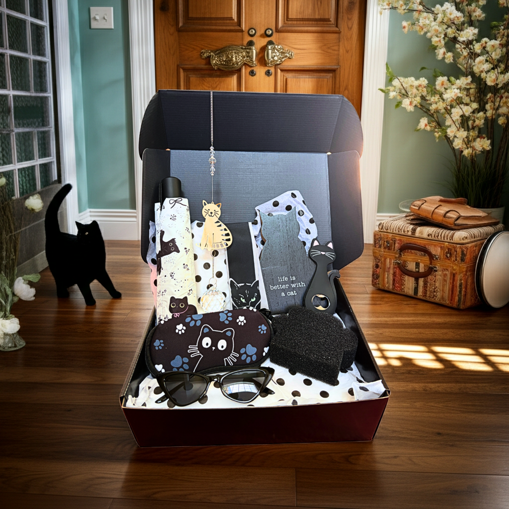 Collection of cat-themed products in a box on a wooden floor with a door and window in the background.