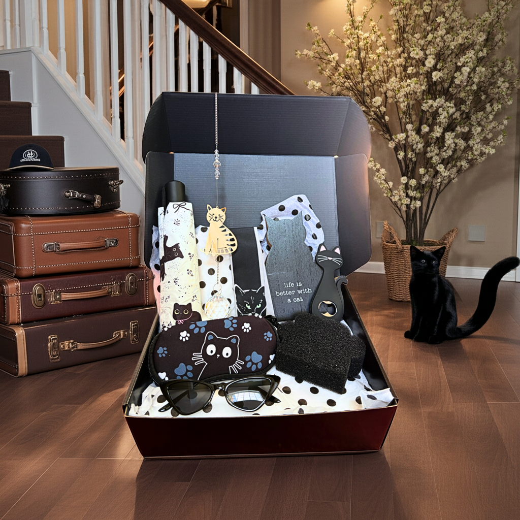 Cat-themed gift set in a box with decorative items on a wooden floor.