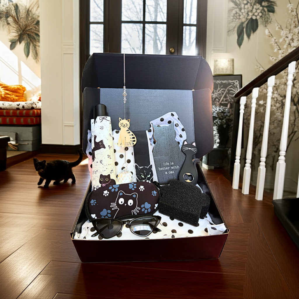 Box of cat-themed stationery items on a wooden floor with a cat in the background