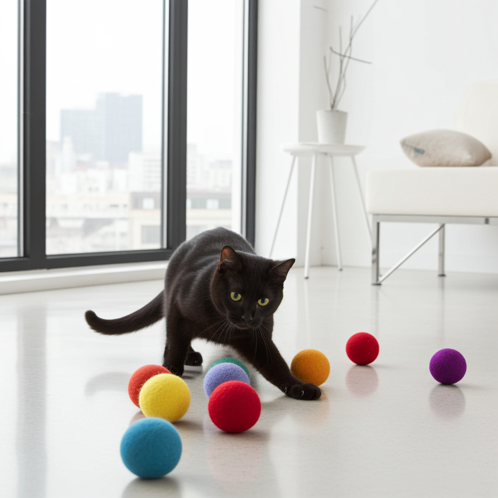 Black cat playing with colorful balls on a white floor.
