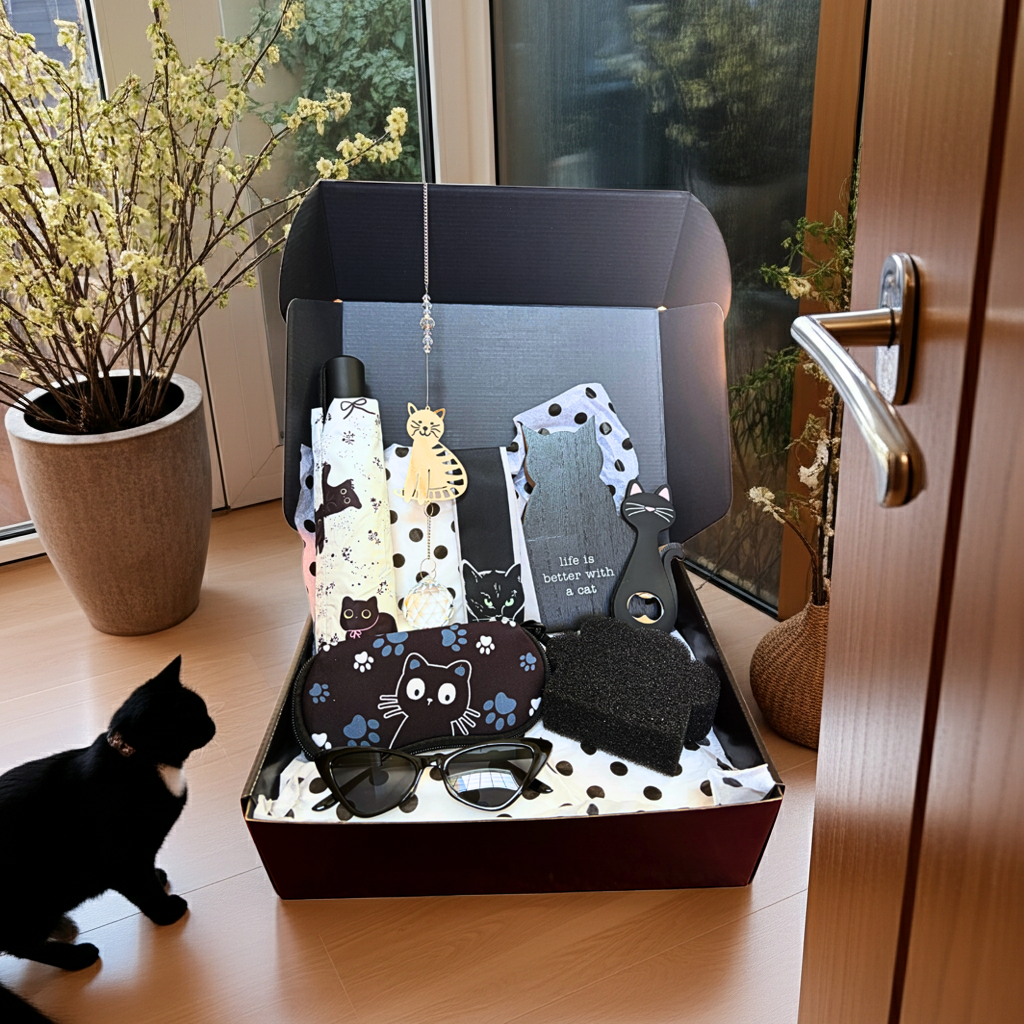 Box of cat-themed products with a black cat interacting with them on a wooden floor.