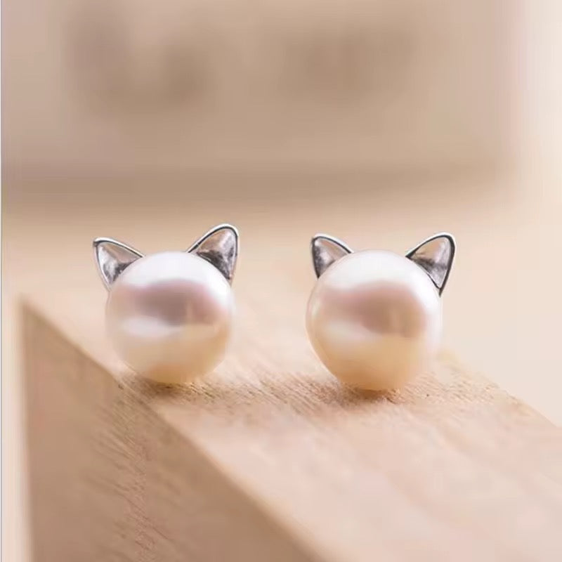 Dainty Pearl Earrings with Cat Ears
