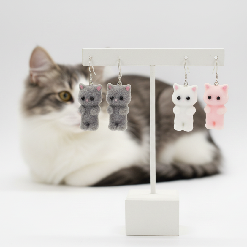 Cat-shaped earrings on a stand with a cat in the background