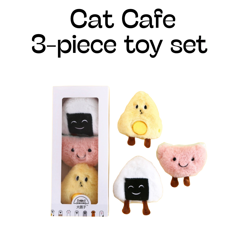 Cat Cafe 3-piece toy set with plush toys resembling food items on a white background.