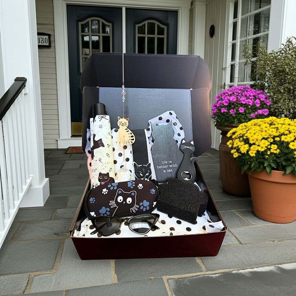 Box of cat-themed products on a porch with flowers in the background