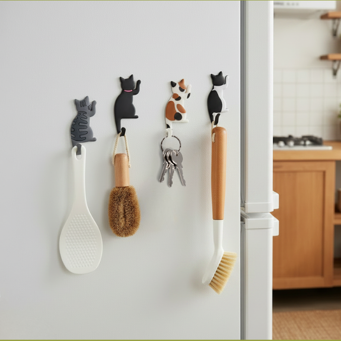 Kitchen scene with hooks on a refrigerator and a wooden shelf with kitchen items.