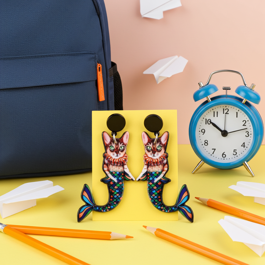 Mermaid cat earrings on a yellow card with stationery items and an alarm clock on a pink background