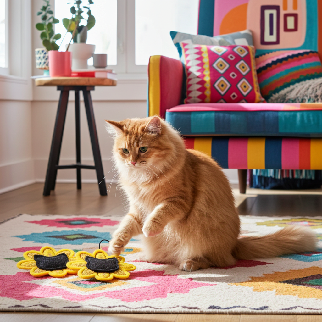 Orange cat playing with yellow flower-shaped toys on a colorful rug, with a multicolored chair and plant in the background.
