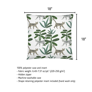 Pillow with cat and leaf pattern and dimensions on a white background