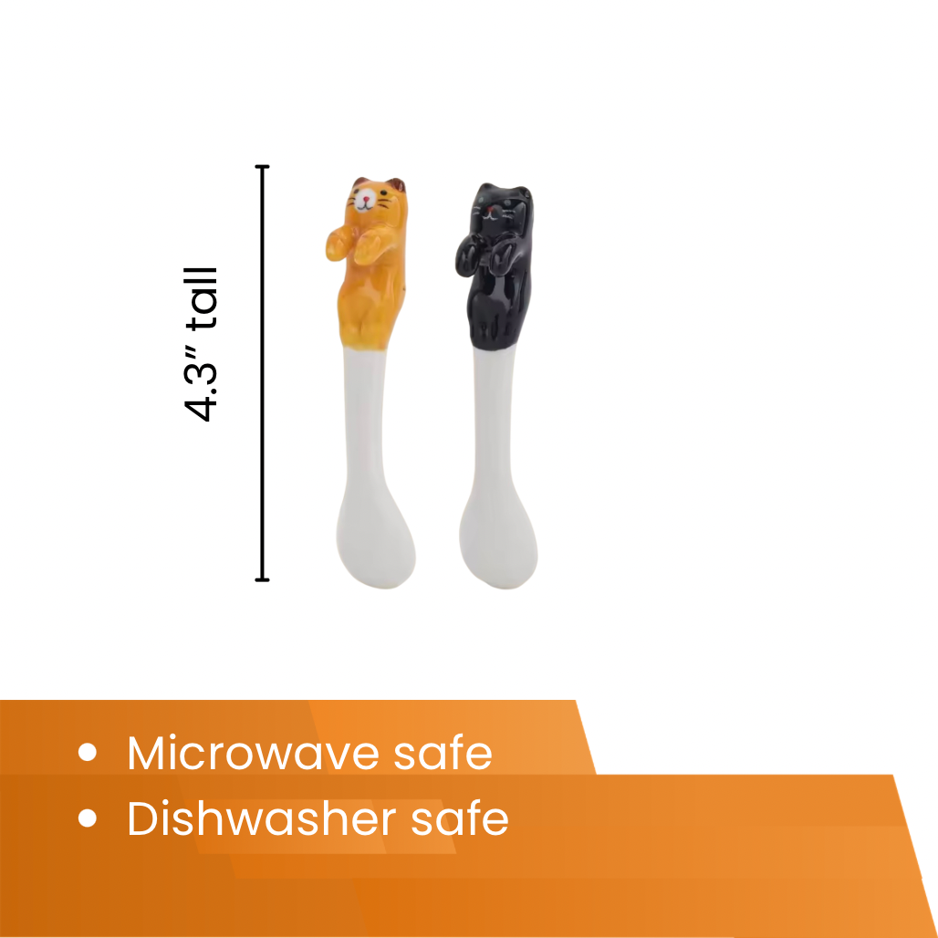 Two novelty animal-shaped spoons with a measurement label and safety information on a white background.
