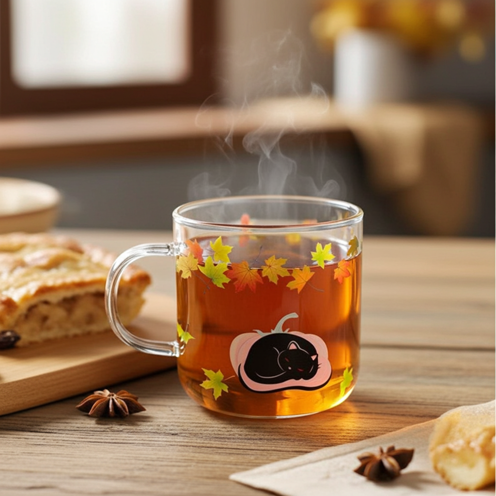 Glass Cat Mug | Fall Leaves and Pumpkin Design
