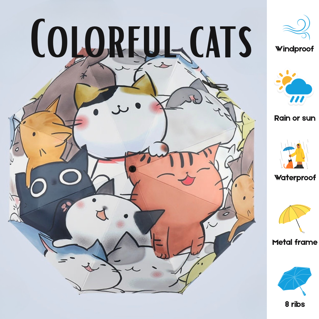 Umbrella with colorful cat illustrations on a light blue background
