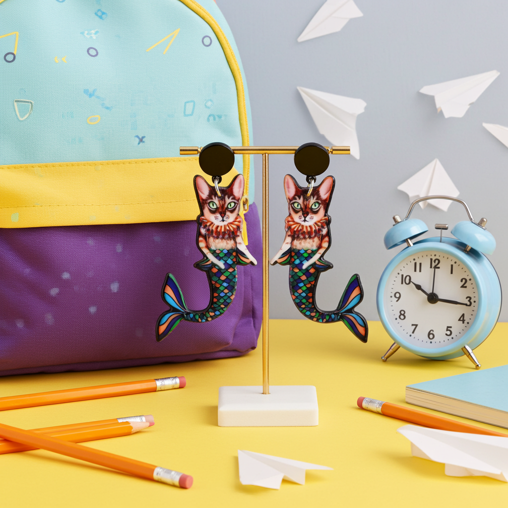 Mermaid cat earrings on a stand with stationery items in the background