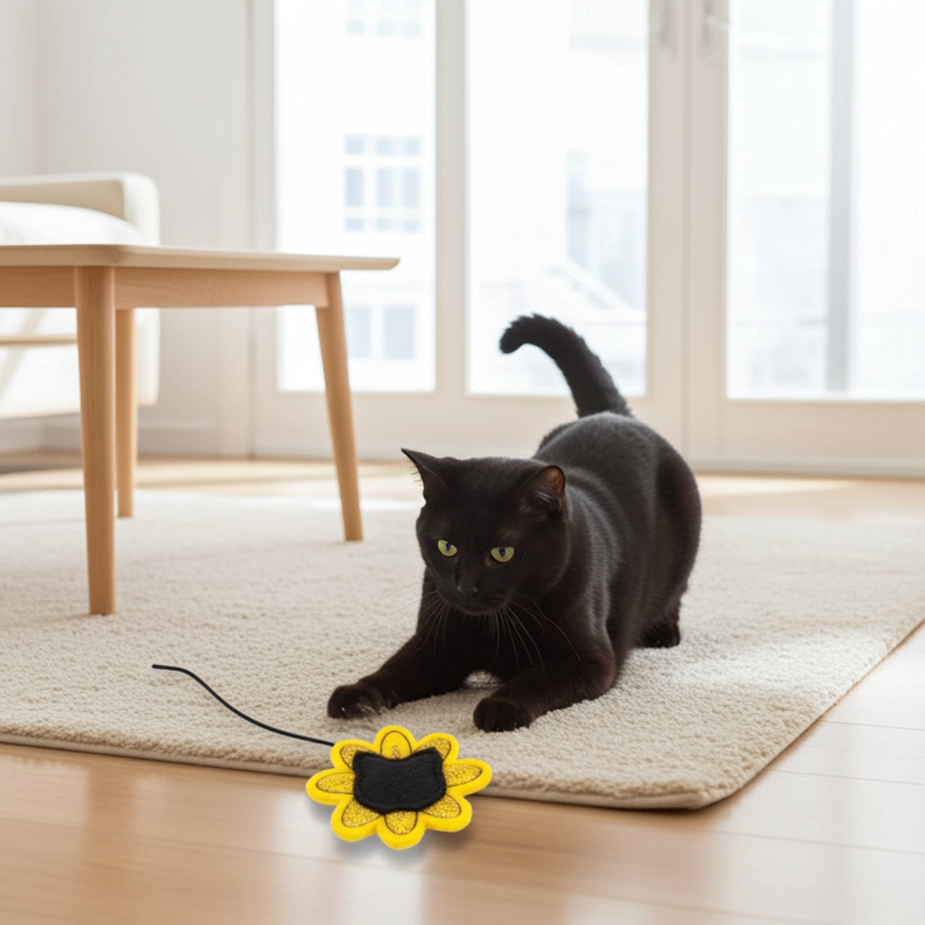 Black cat playing with a yellow and black flower-shaped toy on a light-colored rug.