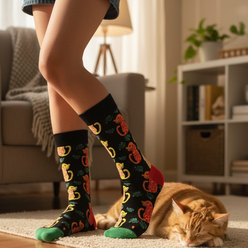 Person wearing colorful cat-themed socks with a cat lying on the floor in a cozy room.