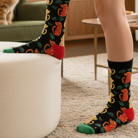 Person wearing colorful socks with a cat on a couch in a living room.