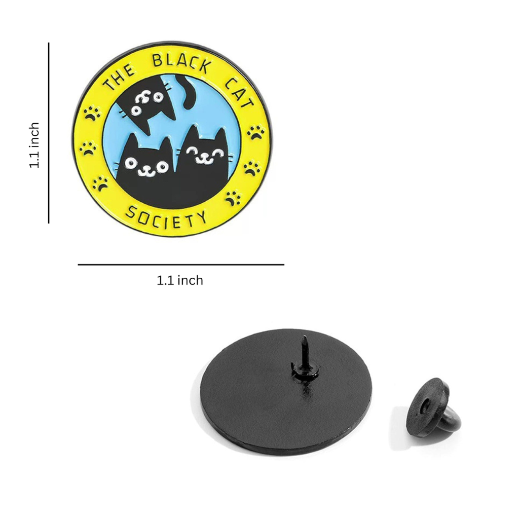Black cat society badge with measurements on a white background