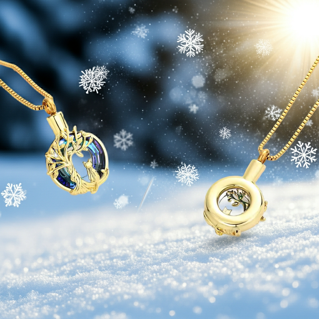 Front and back of a Gold Cat Memorial necklace on a snowy background