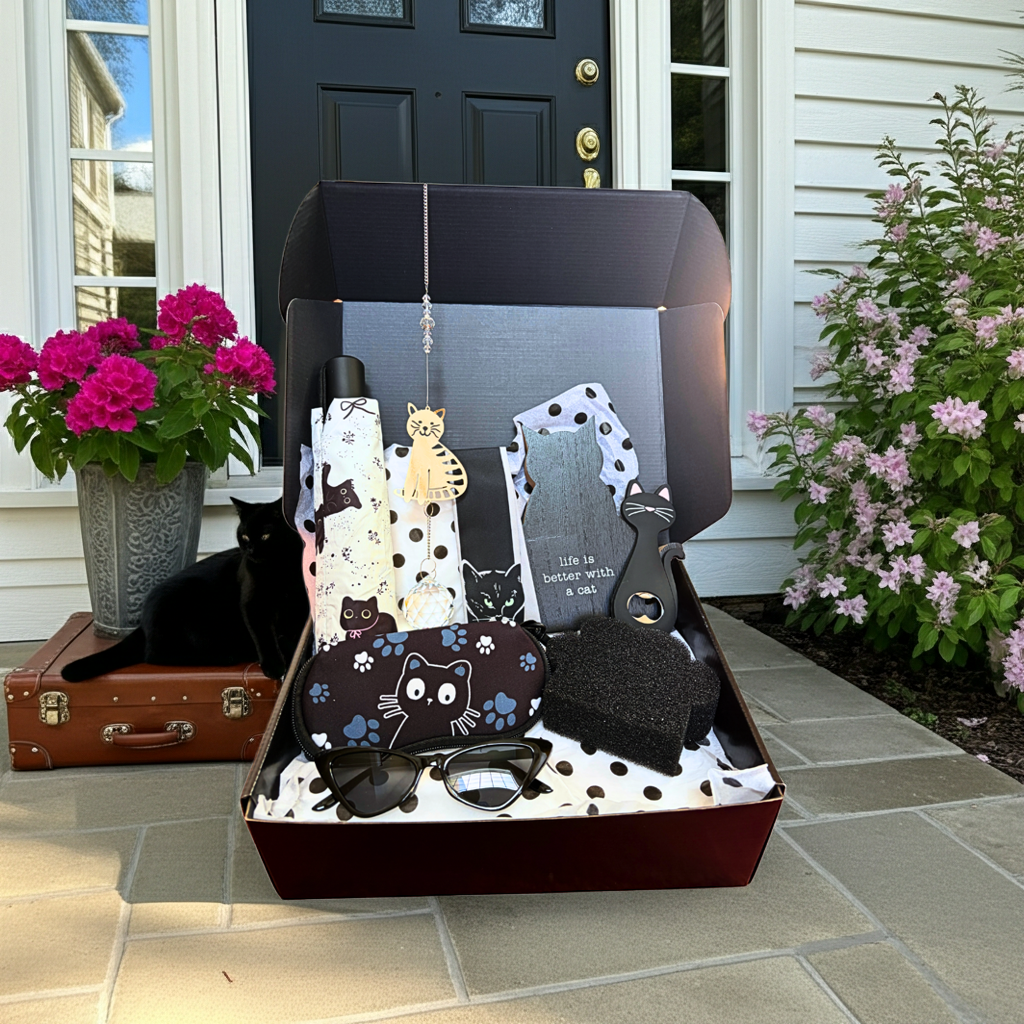 Box of cat-themed products on a patio with flowers and a door in the background