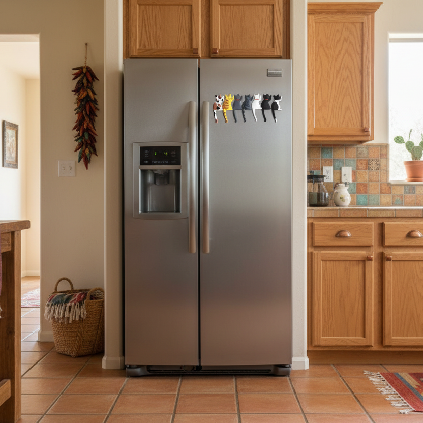 Modern kitchen with stainless steel refrigerator, wooden cabinets, and a tiled floor.