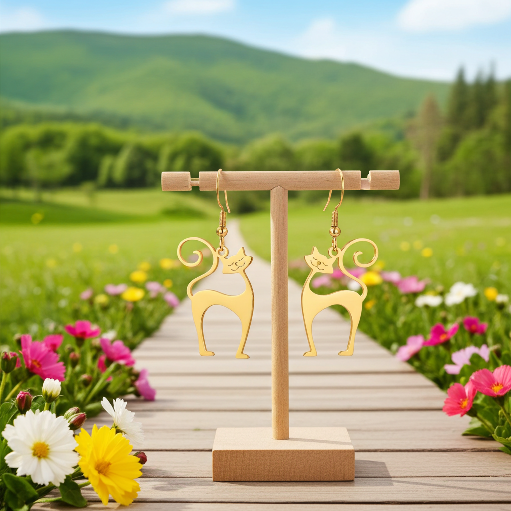 Gold cat-shaped earrings on a wooden stand with a scenic background of flowers and mountains.
