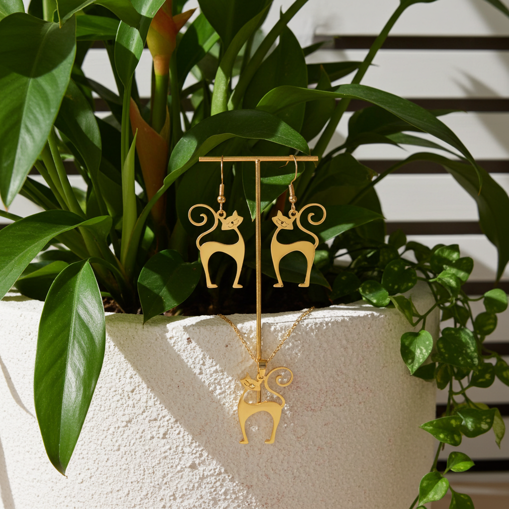 Gold cat-themed jewelry set on a stand with green plants in the background