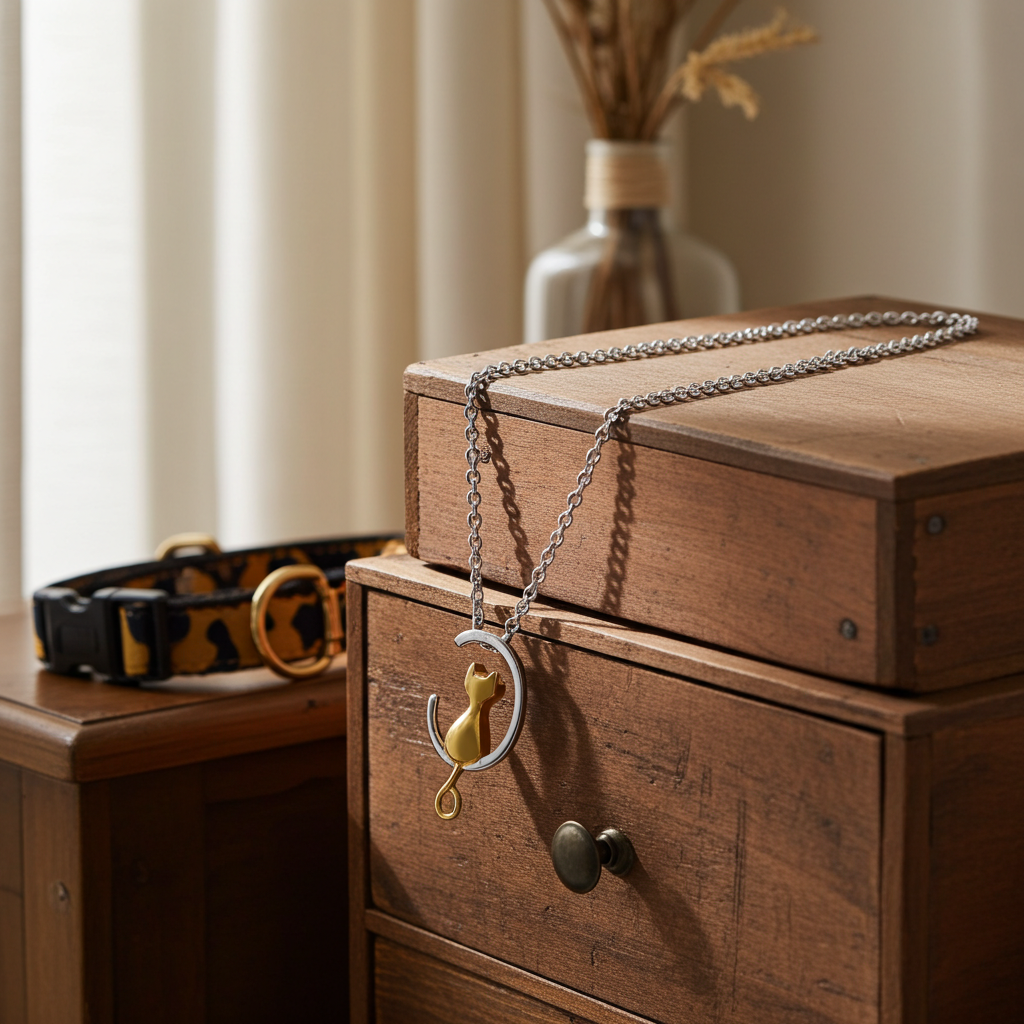 Wooden drawer with a necklace featuring a Cat Pendant. In the background are a vase and leopard print pet collar.