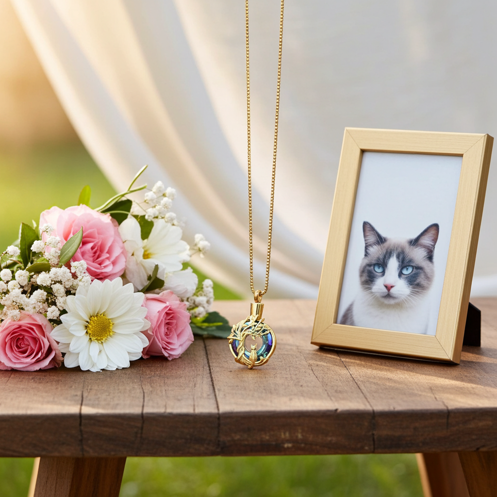 Gold necklace with a pendant next to a photo frame with a cat picture on a wooden table with flowers.