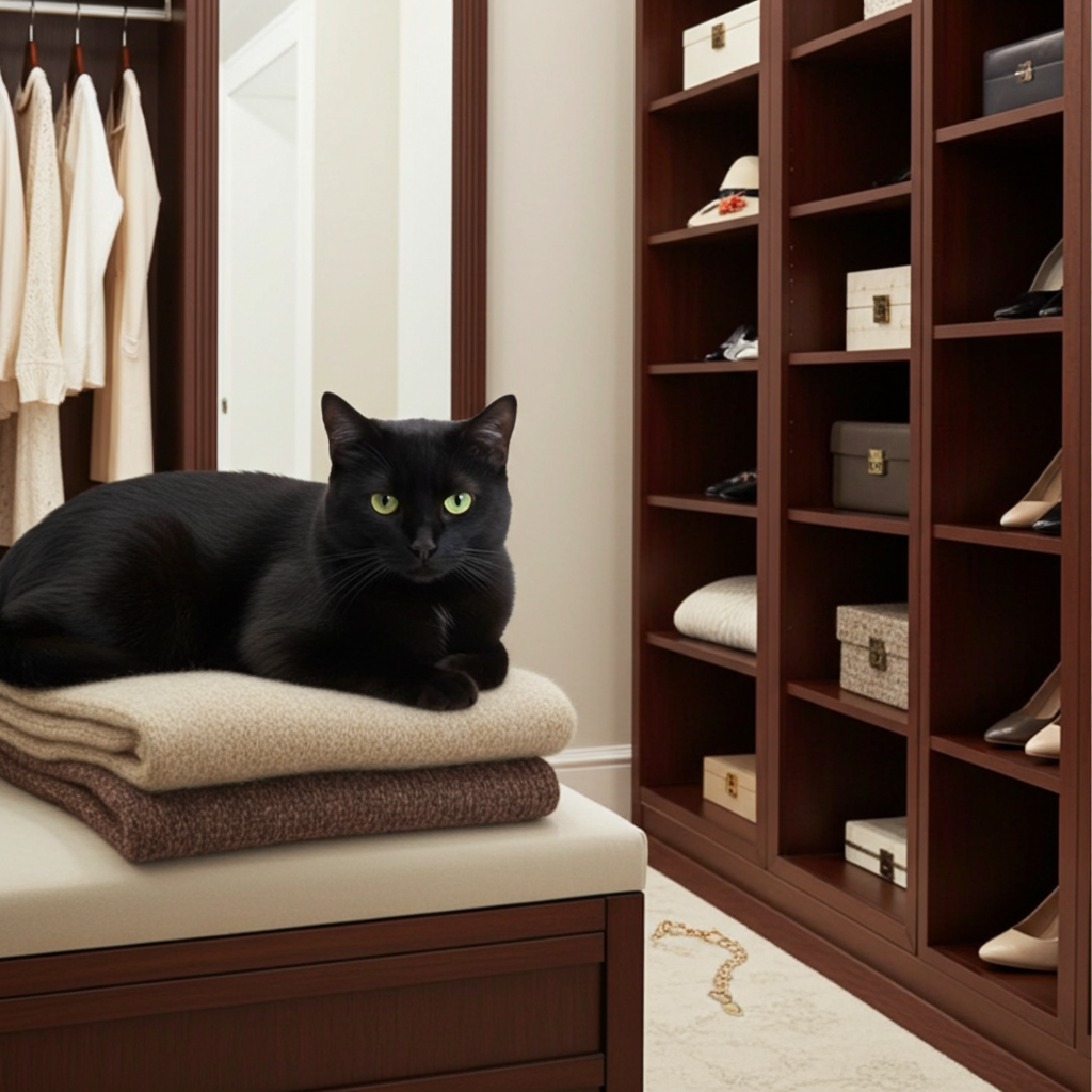 Black cat sitting on a folded garment in a stylish walk-in closet.