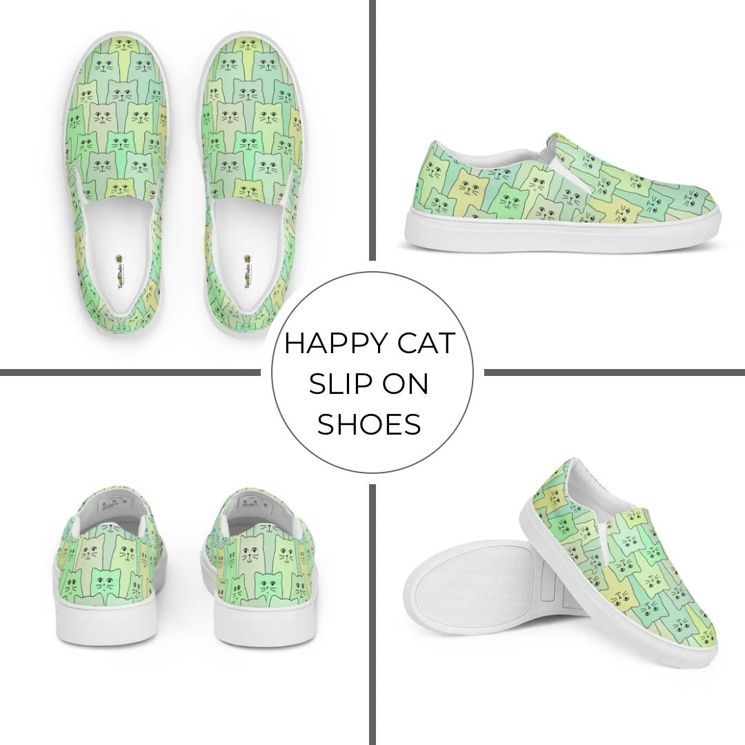 Green and white slip-on shoes with cat pattern, labeled 'Happy Cat Slip On Shoes'.
